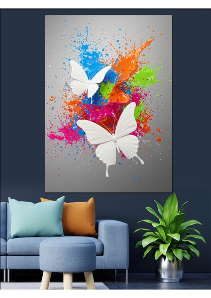 Soyut Suluboya Sıçraması Renk Kelebek Dekoratif Kanvas - Mdf Ahşap Tablo