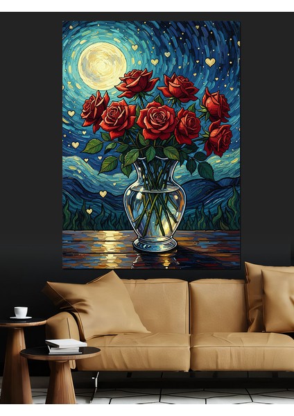 Gece Manzarasında Gül Vazosu Dekoratif Kanvas - Mdf Ahşap Tablo