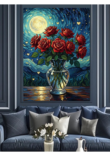 Gece Manzarasında Gül Vazosu Dekoratif Kanvas - Mdf Ahşap Tablo fiyatları