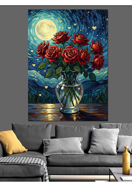 Gece Manzarasında Gül Vazosu Dekoratif Kanvas - Mdf Ahşap Tablo modelleri