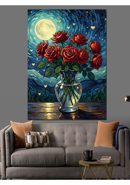 Gece Manzarasında Gül Vazosu Dekoratif Kanvas - Mdf Ahşap Tablo fırsatları