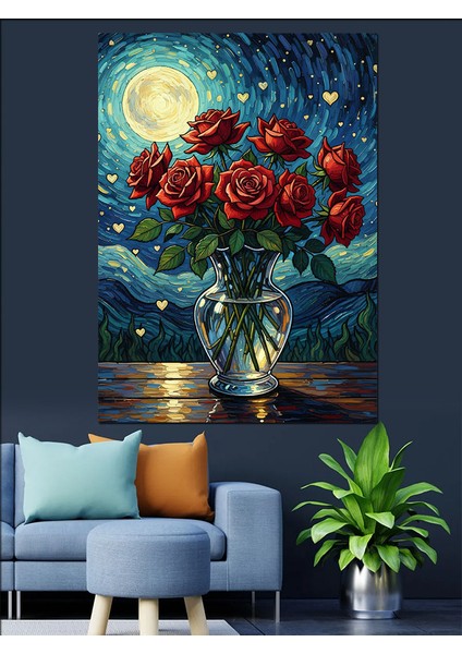Gece Manzarasında Gül Vazosu Dekoratif Kanvas - Mdf Ahşap Tablo indirimleri