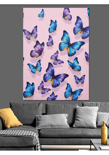 Mavi Kelebekler Uçuş Sanatı Dekoratif Kanvas - Mdf Ahşap Tablo