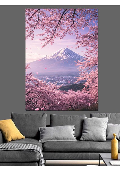 Kiraz Çiçeği Dağ Manzarası Fuji Japonya Dekoratif Kanvas - Mdf Ahşap Tablo