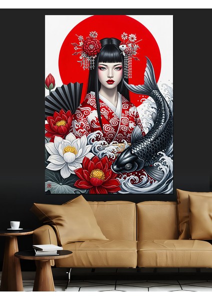Kırmızı Çiçekli Geleneksel Geyşa Dekoratif Kanvas - Mdf Ahşap Tablo fiyatları