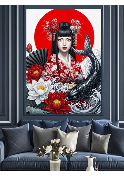 Kırmızı Çiçekli Geleneksel Geyşa Dekoratif Kanvas - Mdf Ahşap Tablo modelleri
