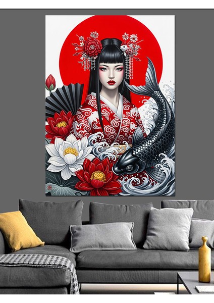Kırmızı Çiçekli Geleneksel Geyşa Dekoratif Kanvas - Mdf Ahşap Tablo fırsatları