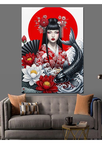 Kırmızı Çiçekli Geleneksel Geyşa Dekoratif Kanvas - Mdf Ahşap Tablo indirimleri