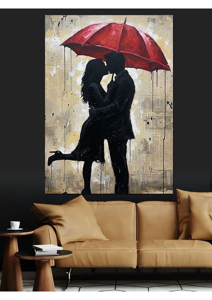 Yağmurda Şemsiyeli Aşık Çift Dekoratif Kanvas - Mdf Ahşap Tablo