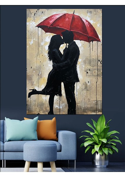 Yağmurda Şemsiyeli Aşık Çift Dekoratif Kanvas - Mdf Ahşap Tablo fiyatları