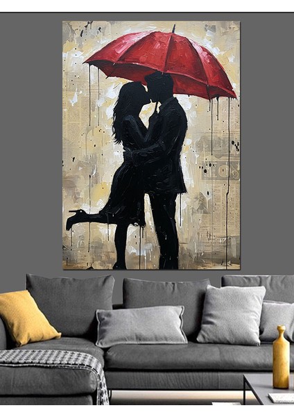 Yağmurda Şemsiyeli Aşık Çift Dekoratif Kanvas - Mdf Ahşap Tablo fırsatları