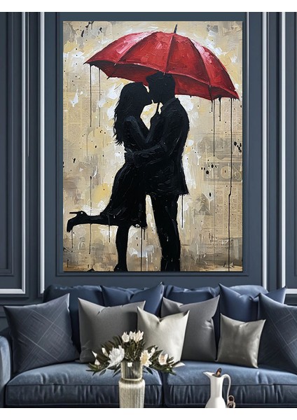 Yağmurda Şemsiyeli Aşık Çift Dekoratif Kanvas - Mdf Ahşap Tablo indirimleri