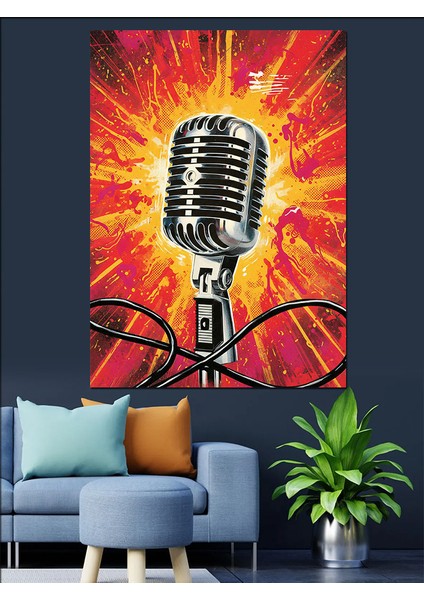 Klasik Mikrofon Retro Müzik Dekoratif Kanvas - Mdf Ahşap Tablo