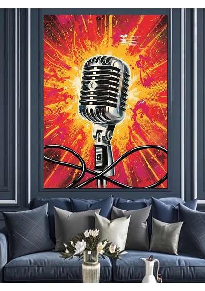 Klasik Mikrofon Retro Müzik Dekoratif Kanvas - Mdf Ahşap Tablo fırsatları