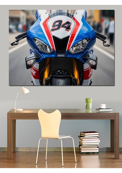 Mavi Yarış Motosikleti Dekoratif Kanvas - Mdf Ahşap Tablo