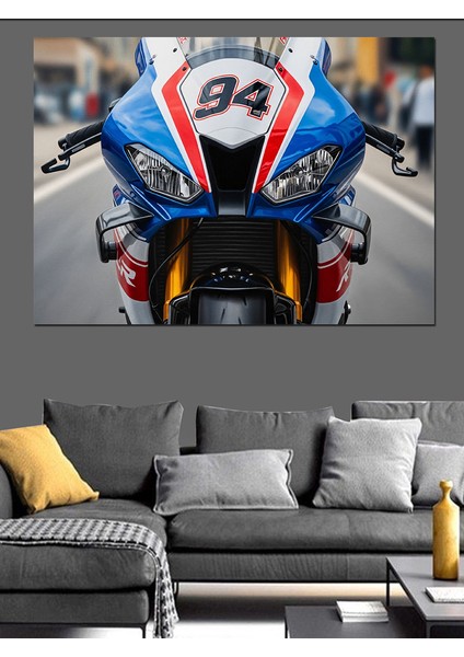 Mavi Yarış Motosikleti Dekoratif Kanvas - Mdf Ahşap Tablo fiyatları