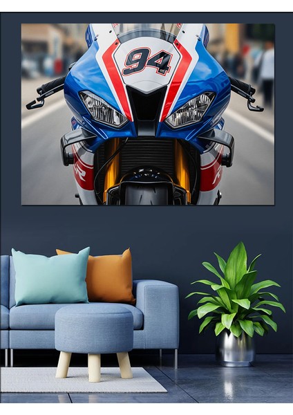 Mavi Yarış Motosikleti Dekoratif Kanvas - Mdf Ahşap Tablo fırsatları