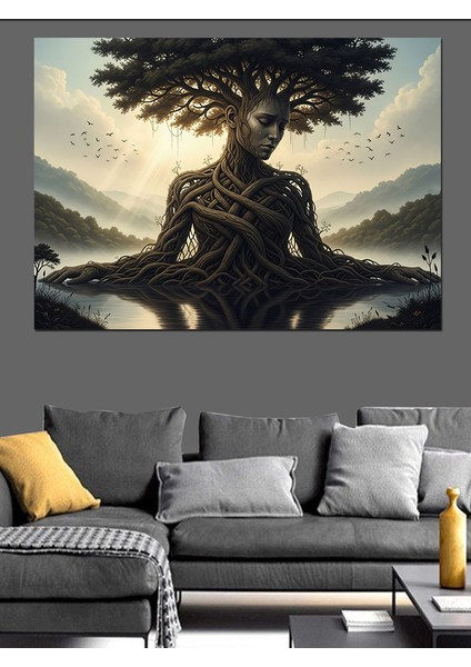 Ağaç Kadın Soyut Çalışması Dekoratif Kanvas - Mdf Ahşap Tablo