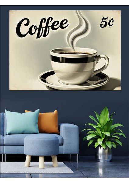 Vintage Kahve Fincanı Reklamı Dekoratif Kanvas - Mdf Ahşap Tablo