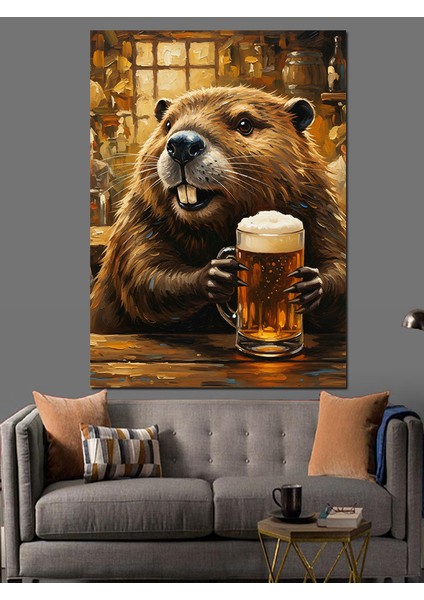 Bira Içen Su Samuru Dekoratif Kanvas - Mdf Ahşap Tablo