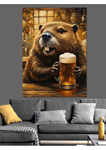 Bira Içen Su Samuru Dekoratif Kanvas - Mdf Ahşap Tablo fiyatları