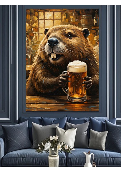 Bira Içen Su Samuru Dekoratif Kanvas - Mdf Ahşap Tablo modelleri