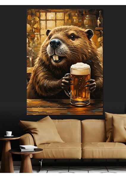 Bira Içen Su Samuru Dekoratif Kanvas - Mdf Ahşap Tablo fırsatları