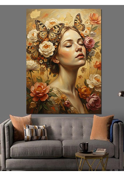 Kelebekli Çiçek Taçlı Kadın Dekoratif Kanvas - Mdf Ahşap Tablo