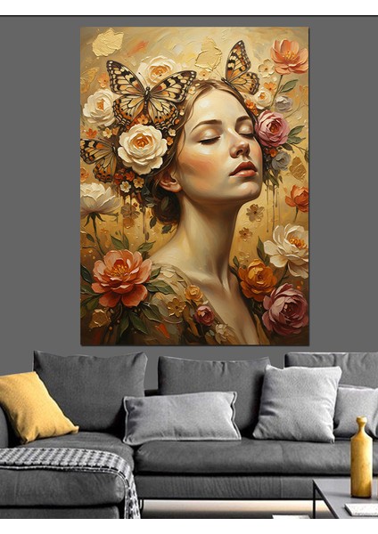 Kelebekli Çiçek Taçlı Kadın Dekoratif Kanvas - Mdf Ahşap Tablo fiyatları
