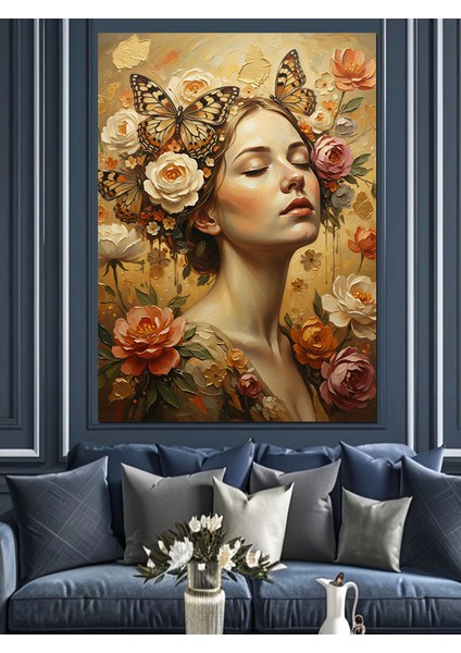 Kelebekli Çiçek Taçlı Kadın Dekoratif Kanvas - Mdf Ahşap Tablo modelleri