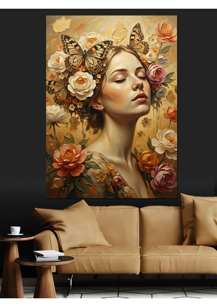 Kelebekli Çiçek Taçlı Kadın Dekoratif Kanvas - Mdf Ahşap Tablo fırsatları