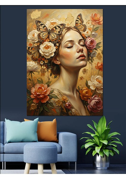 Kelebekli Çiçek Taçlı Kadın Dekoratif Kanvas - Mdf Ahşap Tablo indirimleri