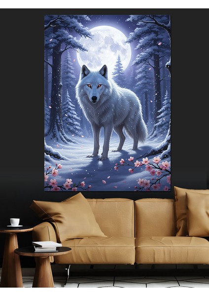 Kış Manzarası Uluyan Beyaz Kurt Dekoratif Kanvas - Mdf Ahşap Tablo