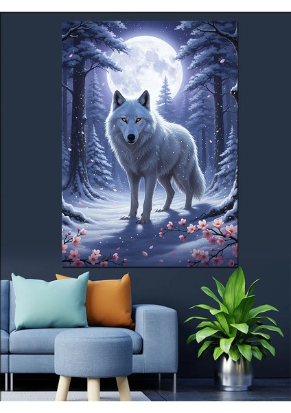Kış Manzarası Uluyan Beyaz Kurt Dekoratif Kanvas - Mdf Ahşap Tablo fiyatları