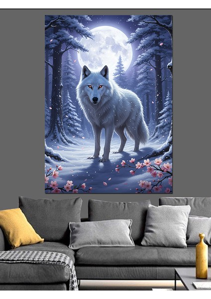 Kış Manzarası Uluyan Beyaz Kurt Dekoratif Kanvas - Mdf Ahşap Tablo fırsatları