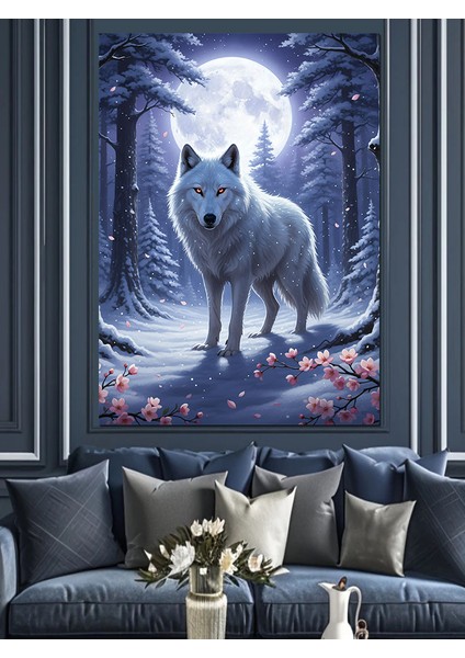 Kış Manzarası Uluyan Beyaz Kurt Dekoratif Kanvas - Mdf Ahşap Tablo indirimleri