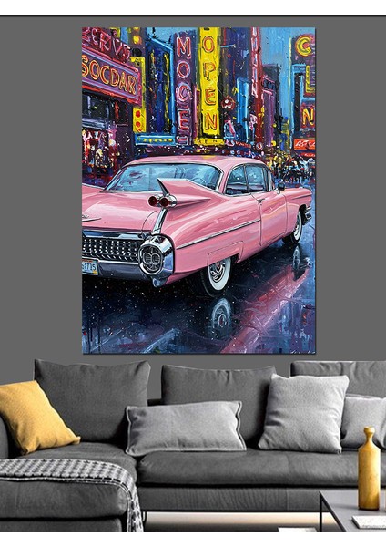 Pembe Klasik Amerikan Araba Dekoratif Kanvas - Mdf Ahşap Tablo