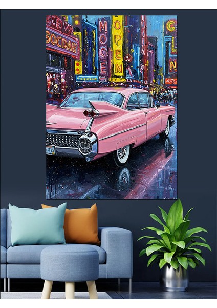 Pembe Klasik Amerikan Araba Dekoratif Kanvas - Mdf Ahşap Tablo fırsatları