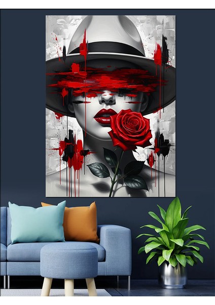 Maskeli Kırmızı Güllü Kadın Dekoratif Kanvas - Mdf Ahşap Tablo