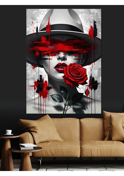 Maskeli Kırmızı Güllü Kadın Dekoratif Kanvas - Mdf Ahşap Tablo indirimleri