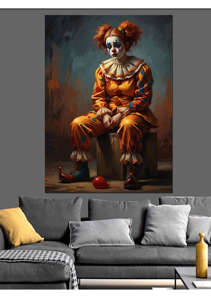 Düşünceli Palyaço Adam Heykeli Sanat Dekoratif Kanvas - Mdf Ahşap Tablo