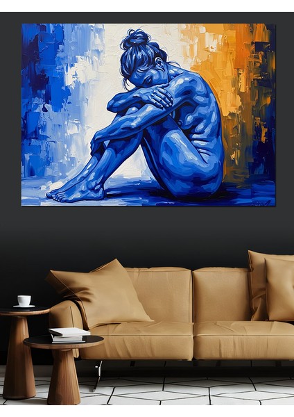 Mavi Soyut Düşünen Kadın Görseli Dekoratif Kanvas - Mdf Ahşap Tablo