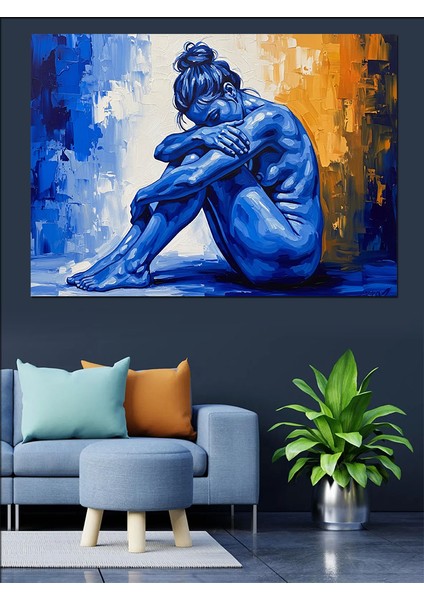 Mavi Soyut Düşünen Kadın Görseli Dekoratif Kanvas - Mdf Ahşap Tablo fiyatları
