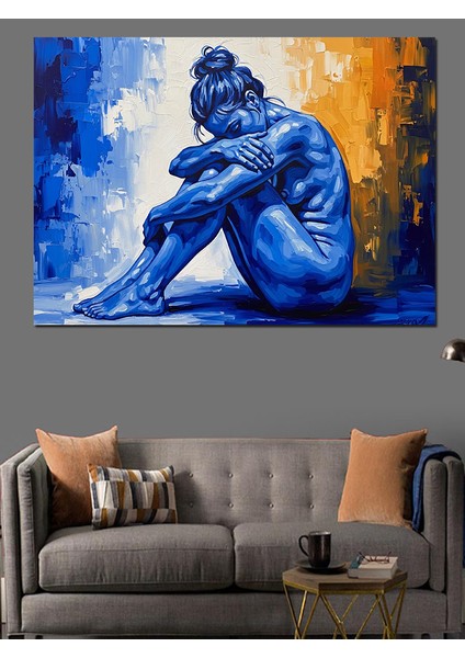 Mavi Soyut Düşünen Kadın Görseli Dekoratif Kanvas - Mdf Ahşap Tablo modelleri