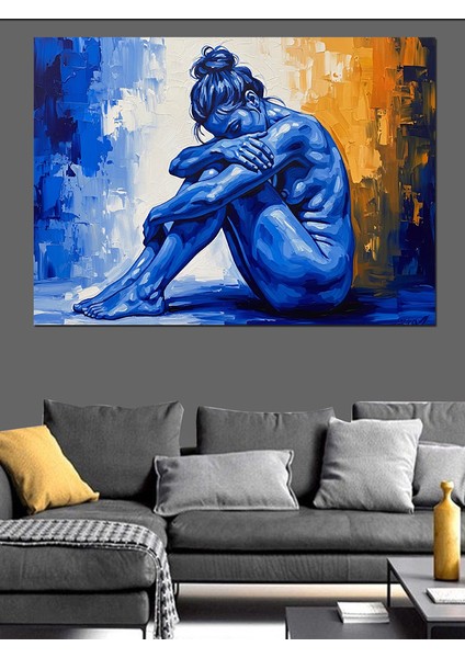 Mavi Soyut Düşünen Kadın Görseli Dekoratif Kanvas - Mdf Ahşap Tablo indirimleri