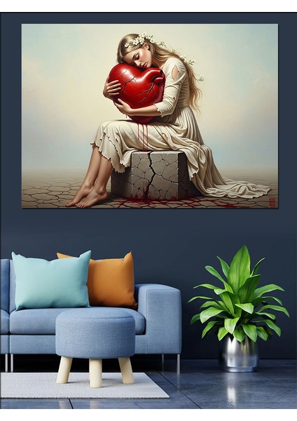 Kalbe Sarılan Kadın Görseli Dekoratif Kanvas - Mdf Ahşap Tablo