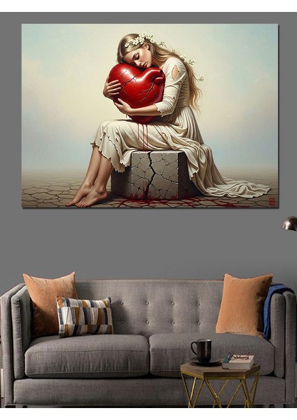 Kalbe Sarılan Kadın Görseli Dekoratif Kanvas - Mdf Ahşap Tablo fiyatları