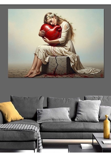 Kalbe Sarılan Kadın Görseli Dekoratif Kanvas - Mdf Ahşap Tablo fırsatları