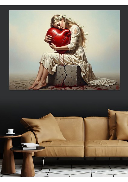 Kalbe Sarılan Kadın Görseli Dekoratif Kanvas - Mdf Ahşap Tablo indirimleri