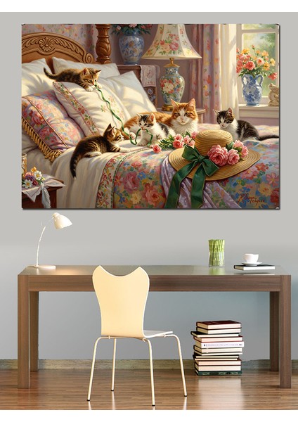 Çiçekli Yatakta Anne Kedi ve Yavruları Sevimli Dekoratif Kanvas - Mdf Ahşap Tablo